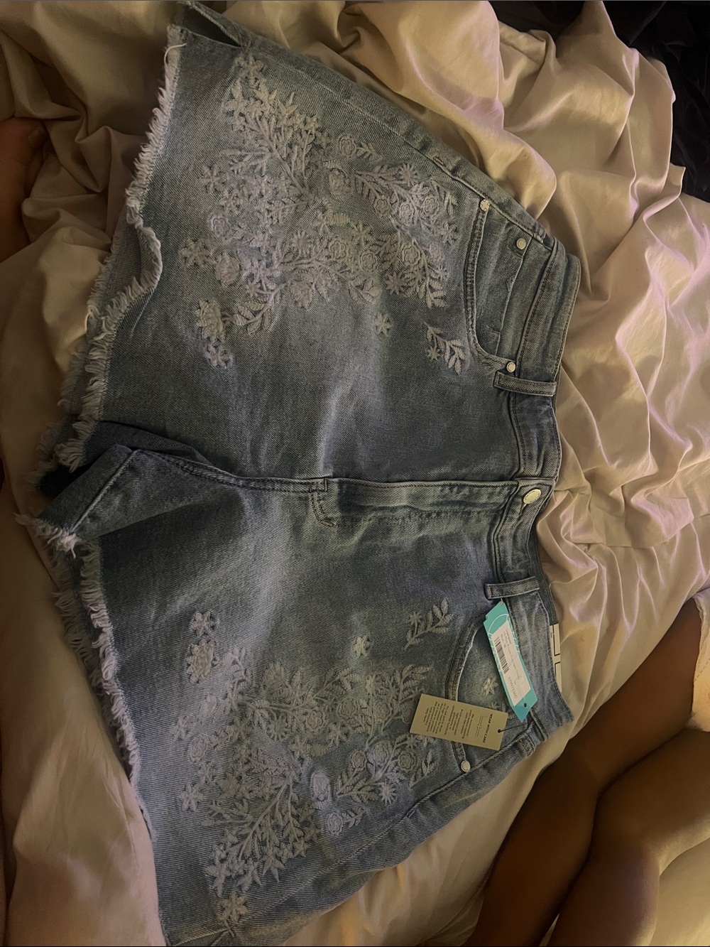 Liverpool Light Blue Embroidered Highrise Denim Cutoff Shorts